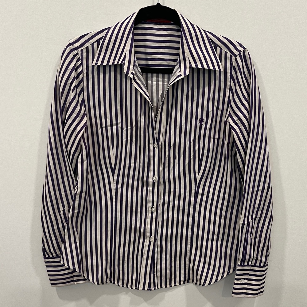 {Carolina Herrera} white and purple striped cotton button down size 10